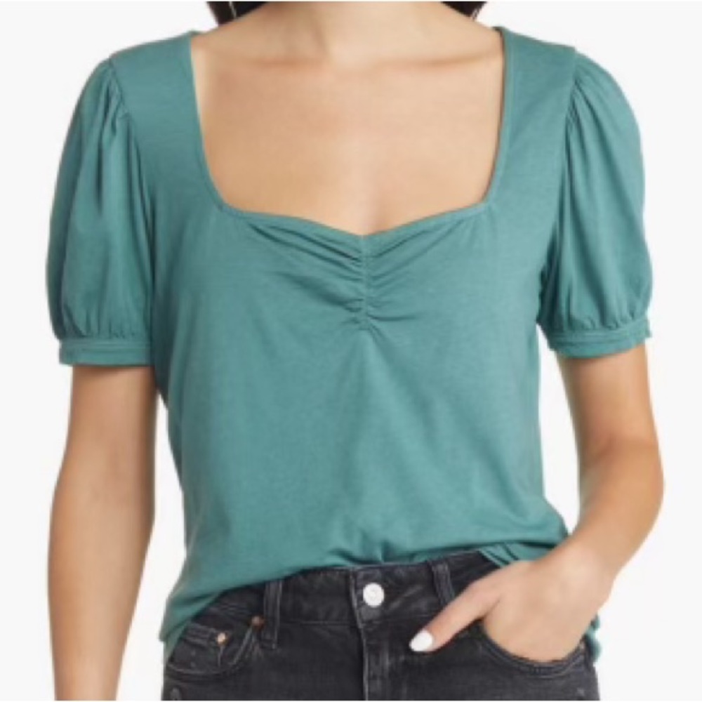 Treasure & Bond Ruched Detail Organic Cotton Blend Top | Pale Jade Green | S NWT